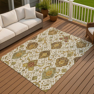 HomeRoots 5' Ikat Area Rug in Ivory, Brown & Gold – Washable, Durable, Perfect for Indoor & Outdoor Spaces! 658580