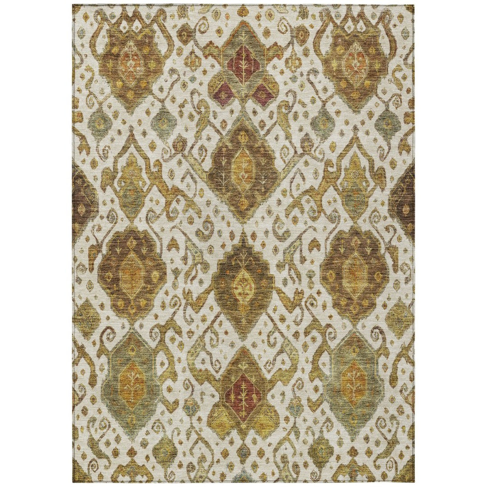 HomeRoots 5' Ikat Area Rug in Ivory, Brown & Gold – Washable, Durable, Perfect for Indoor & Outdoor Spaces! 658580