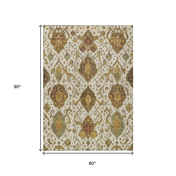 HomeRoots 5' Ikat Area Rug in Ivory, Brown & Gold – Washable, Durable, Perfect for Indoor & Outdoor Spaces! 658580