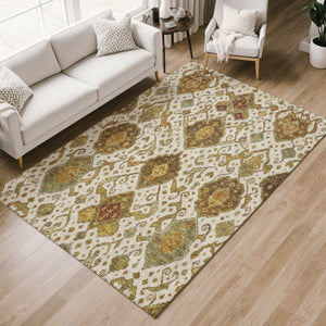 HomeRoots 5' Ikat Area Rug in Ivory, Brown & Gold – Washable, Durable, Perfect for Indoor & Outdoor Spaces! 658580