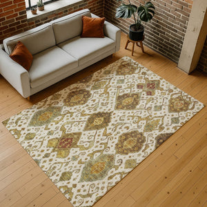 HomeRoots 5' Ikat Area Rug in Ivory, Brown & Gold – Washable, Durable, Perfect for Indoor & Outdoor Spaces! 658580