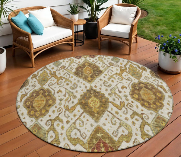 HomeRoots 8' Round Ikat Washable Area Rug in Ivory, Brown & Gold - Elegant Style for Indoor & Outdoor Spaces 658581