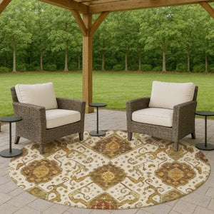HomeRoots 8' Round Ikat Washable Area Rug in Ivory, Brown & Gold - Elegant Style for Indoor & Outdoor Spaces 658581