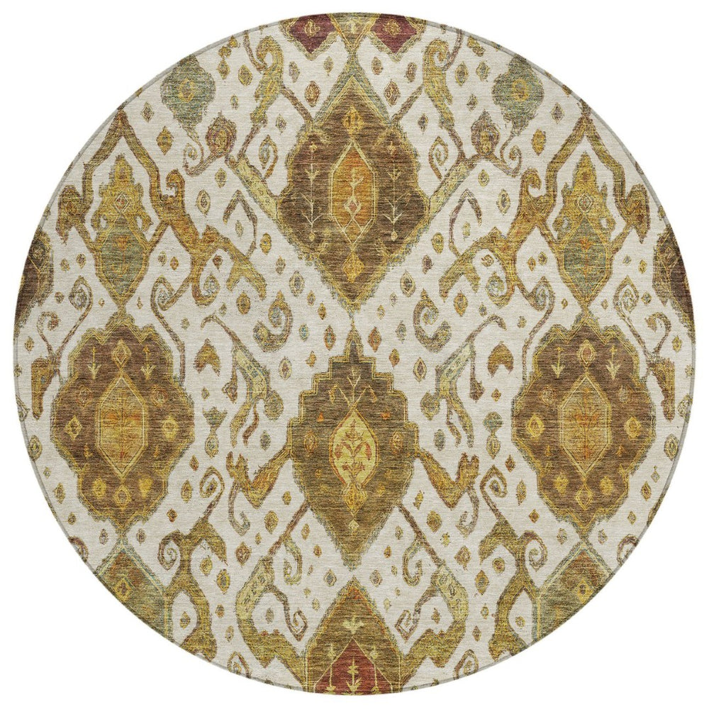 HomeRoots 8' Round Ikat Washable Area Rug in Ivory, Brown & Gold - Elegant Style for Indoor & Outdoor Spaces 658581