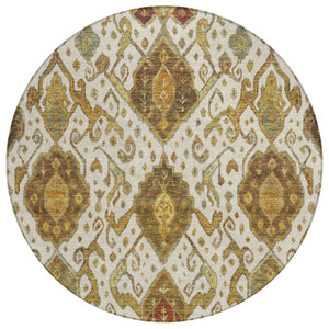 HomeRoots 8' Round Ikat Washable Area Rug in Ivory, Brown & Gold - Elegant Style for Indoor & Outdoor Spaces 658581