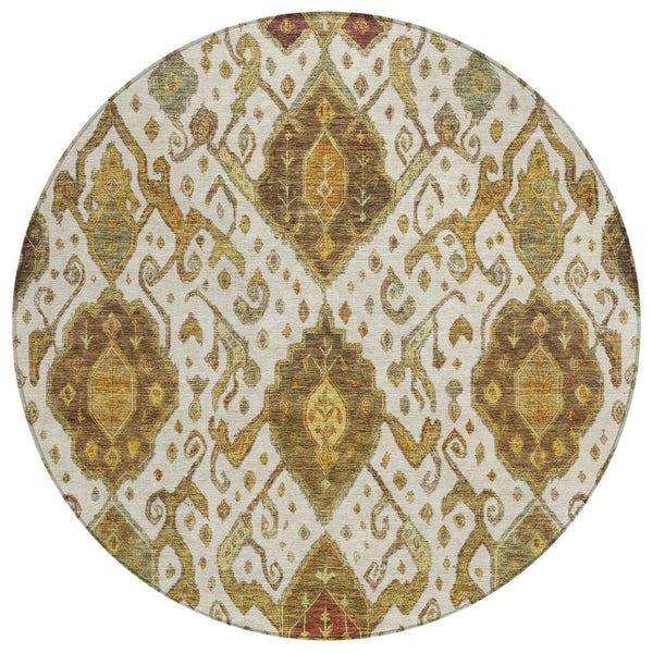 HomeRoots 8' Round Ikat Washable Area Rug in Ivory, Brown & Gold - Elegant Style for Indoor & Outdoor Spaces 658581