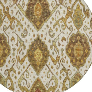 HomeRoots 8' Round Ikat Washable Area Rug in Ivory, Brown & Gold - Elegant Style for Indoor & Outdoor Spaces 658581