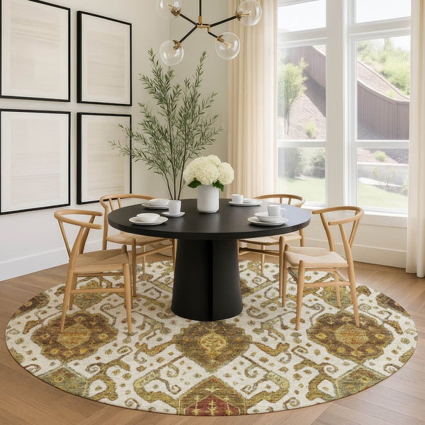 HomeRoots 8' Round Ikat Washable Area Rug in Ivory, Brown & Gold - Elegant Style for Indoor & Outdoor Spaces 658581