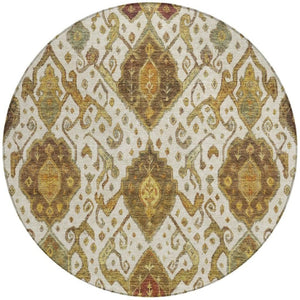 HomeRoots 8' Round Ikat Washable Area Rug in Ivory, Brown & Gold - Elegant Style for Indoor & Outdoor Spaces 658581