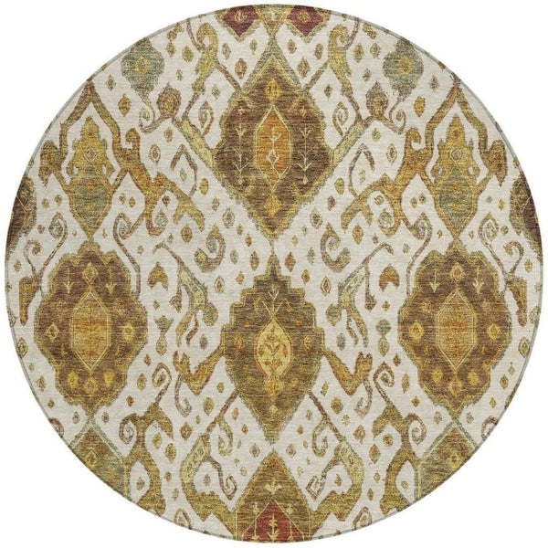 HomeRoots 8' Round Ikat Washable Area Rug in Ivory, Brown & Gold - Elegant Style for Indoor & Outdoor Spaces 658581