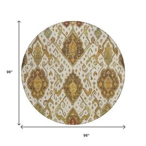 HomeRoots 8' Round Ikat Washable Area Rug in Ivory, Brown & Gold - Elegant Style for Indoor & Outdoor Spaces 658581