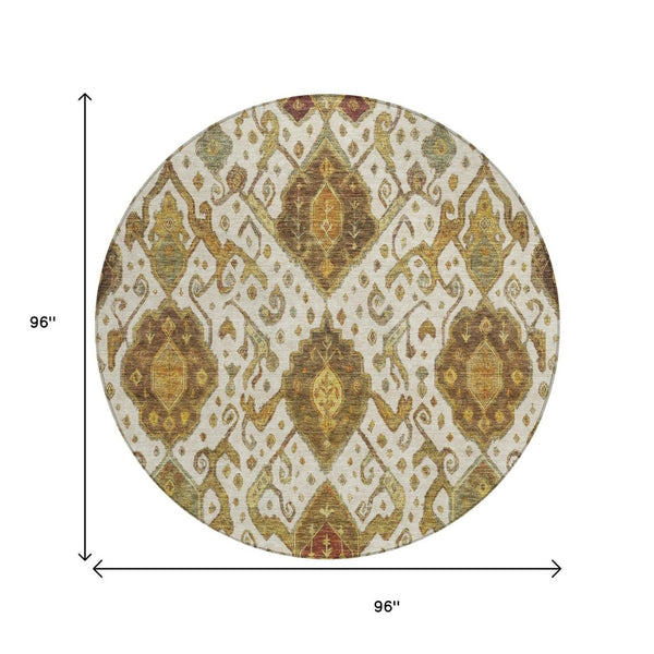 HomeRoots 8' Round Ikat Washable Area Rug in Ivory, Brown & Gold - Elegant Style for Indoor & Outdoor Spaces 658581