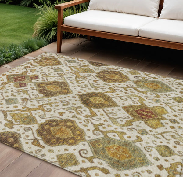 HomeRoots 8' X 10' Ikat Area Rug in Ivory, Brown & Gold - Washable, Durable, Indoor/Outdoor Elegance! 658582