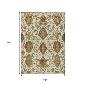 HomeRoots 8' X 10' Ikat Area Rug in Ivory, Brown & Gold - Washable, Durable, Indoor/Outdoor Elegance! 658582
