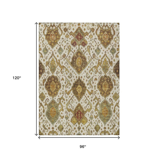 HomeRoots 8' X 10' Ikat Area Rug in Ivory, Brown & Gold - Washable, Durable, Indoor/Outdoor Elegance! 658582