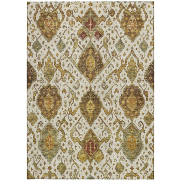 HomeRoots 9' X 12' Ikat Area Rug in Ivory, Brown & Gold - Stylish, Washable, Durable for Indoor & Outdoor Use 658583
