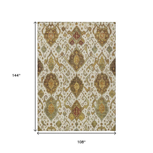 HomeRoots 9' X 12' Ikat Area Rug in Ivory, Brown & Gold - Stylish, Washable, Durable for Indoor & Outdoor Use 658583