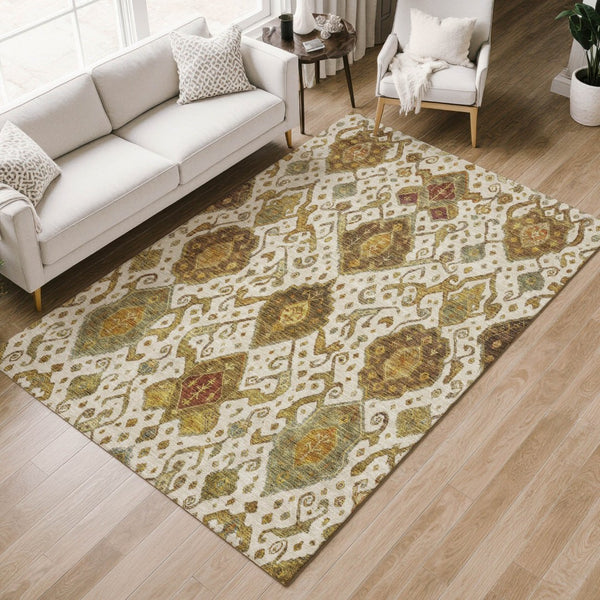 HomeRoots 9' X 12' Ikat Area Rug in Ivory, Brown & Gold - Stylish, Washable, Durable for Indoor & Outdoor Use 658583