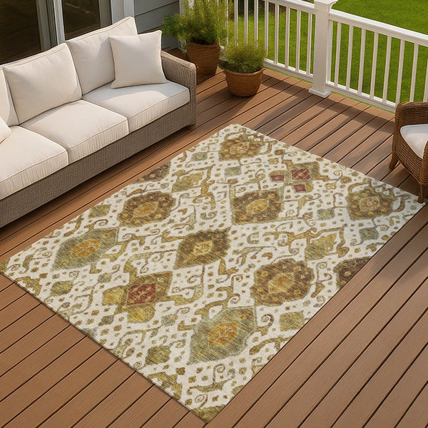 HomeRoots 10' Washable Ivory, Brown & Gold Ikat Area Rug – Durable Indoor/Outdoor Design for Stylish Spaces 658584