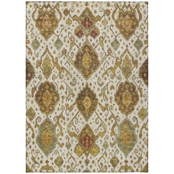 HomeRoots 10' Washable Ivory, Brown & Gold Ikat Area Rug – Durable Indoor/Outdoor Design for Stylish Spaces 658584
