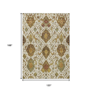 HomeRoots 10' Washable Ivory, Brown & Gold Ikat Area Rug – Durable Indoor/Outdoor Design for Stylish Spaces 658584