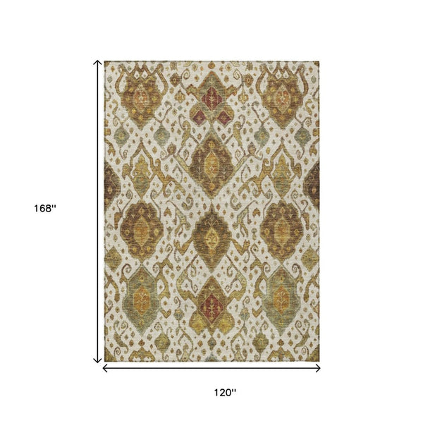 HomeRoots 10' Washable Ivory, Brown & Gold Ikat Area Rug – Durable Indoor/Outdoor Design for Stylish Spaces 658584