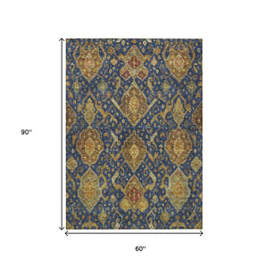 HomeRoots 5' Stylish Navy Blue and Gold Ikat Area Rug - Washable, Durable, Perfect for Indoor & Outdoor Spaces 658586