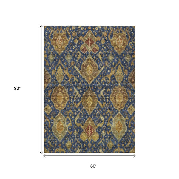 HomeRoots 5' Stylish Navy Blue and Gold Ikat Area Rug - Washable, Durable, Perfect for Indoor & Outdoor Spaces 658586
