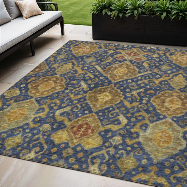 HomeRoots 5' Stylish Navy Blue and Gold Ikat Area Rug - Washable, Durable, Perfect for Indoor & Outdoor Spaces 658586