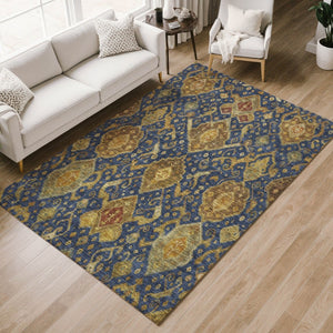 HomeRoots 5' Stylish Navy Blue and Gold Ikat Area Rug - Washable, Durable, Perfect for Indoor & Outdoor Spaces 658586