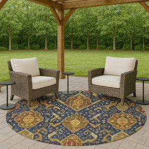 HomeRoots 8' Navy Blue and Gold Ikat Area Rug - Machine Washable, Indoor/Outdoor, Durable, Stylish Design! 658587