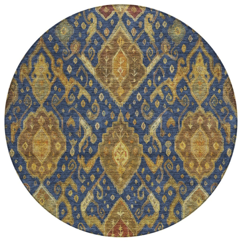 HomeRoots 8' Navy Blue and Gold Ikat Area Rug - Machine Washable, Indoor/Outdoor, Durable, Stylish Design! 658587
