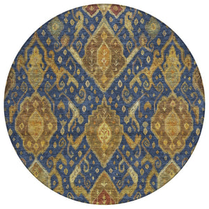 HomeRoots 8' Navy Blue and Gold Ikat Area Rug - Machine Washable, Indoor/Outdoor, Durable, Stylish Design! 658587