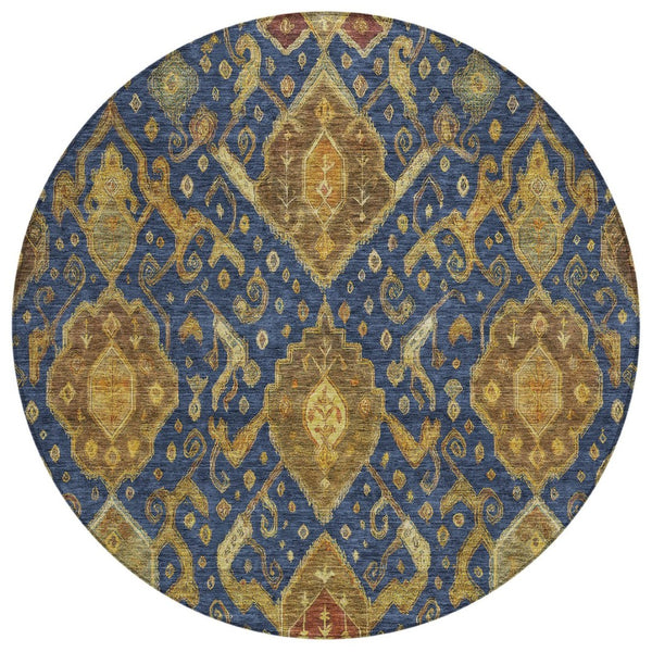 HomeRoots 8' Navy Blue and Gold Ikat Area Rug - Machine Washable, Indoor/Outdoor, Durable, Stylish Design! 658587