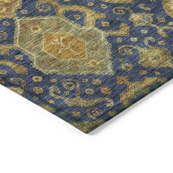 HomeRoots 8' Navy Blue and Gold Ikat Area Rug - Machine Washable, Indoor/Outdoor, Durable, Stylish Design! 658587
