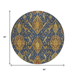HomeRoots 8' Navy Blue and Gold Ikat Area Rug - Machine Washable, Indoor/Outdoor, Durable, Stylish Design! 658587