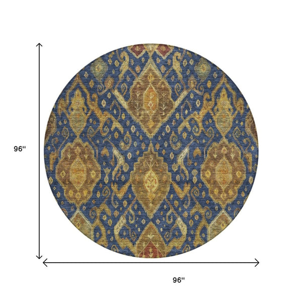 HomeRoots 8' Navy Blue and Gold Ikat Area Rug - Machine Washable, Indoor/Outdoor, Durable, Stylish Design! 658587