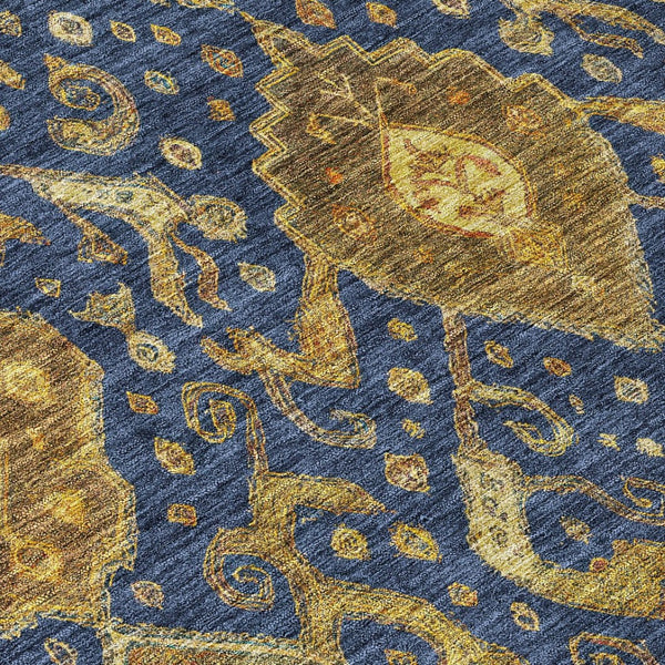 HomeRoots 8' Navy Blue and Gold Ikat Area Rug - Machine Washable, Indoor/Outdoor, Durable, Stylish Design! 658587