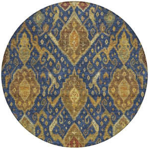 HomeRoots 8' Navy Blue and Gold Ikat Area Rug - Machine Washable, Indoor/Outdoor, Durable, Stylish Design! 658587
