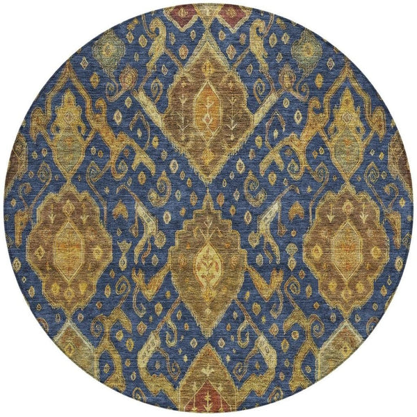 HomeRoots 8' Navy Blue and Gold Ikat Area Rug - Machine Washable, Indoor/Outdoor, Durable, Stylish Design! 658587