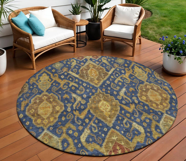 HomeRoots 8' Navy Blue and Gold Ikat Area Rug - Machine Washable, Indoor/Outdoor, Durable, Stylish Design! 658587
