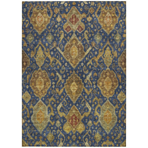 HomeRoots 8' X 10' Navy Blue and Gold Ikat Area Rug - Stylish, Washable Design for Indoor & Outdoor Spaces! 658588