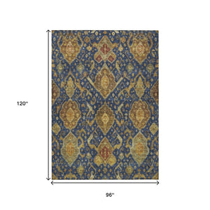HomeRoots 8' X 10' Navy Blue and Gold Ikat Area Rug - Stylish, Washable Design for Indoor & Outdoor Spaces! 658588