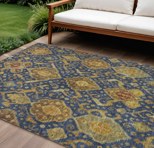 HomeRoots 9' X 12' Navy Blue and Gold Ikat Rug - Stylish, Washable, Durable for Indoor & Outdoor Spaces 658589