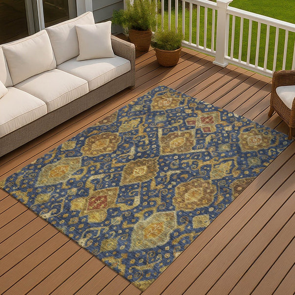 HomeRoots 9' X 12' Navy Blue and Gold Ikat Rug - Stylish, Washable, Durable for Indoor & Outdoor Spaces 658589