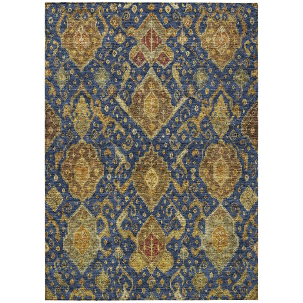 HomeRoots 9' X 12' Navy Blue and Gold Ikat Rug - Stylish, Washable, Durable for Indoor & Outdoor Spaces 658589