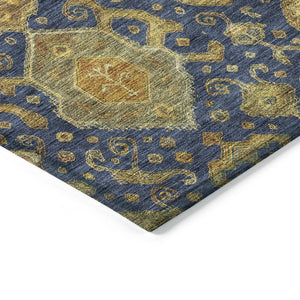 HomeRoots 9' X 12' Navy Blue and Gold Ikat Rug - Stylish, Washable, Durable for Indoor & Outdoor Spaces 658589