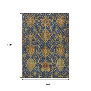 HomeRoots 9' X 12' Navy Blue and Gold Ikat Rug - Stylish, Washable, Durable for Indoor & Outdoor Spaces 658589