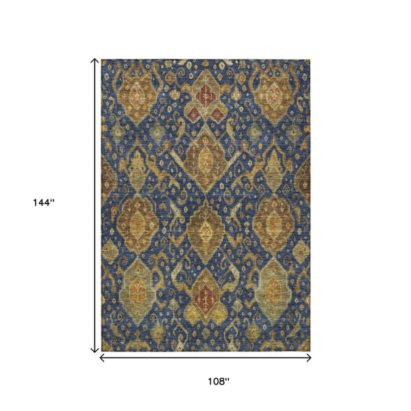 HomeRoots 9' X 12' Navy Blue and Gold Ikat Rug - Stylish, Washable, Durable for Indoor & Outdoor Spaces 658589