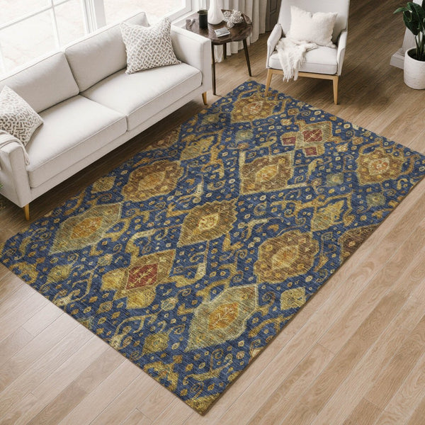 HomeRoots 9' X 12' Navy Blue and Gold Ikat Rug - Stylish, Washable, Durable for Indoor & Outdoor Spaces 658589